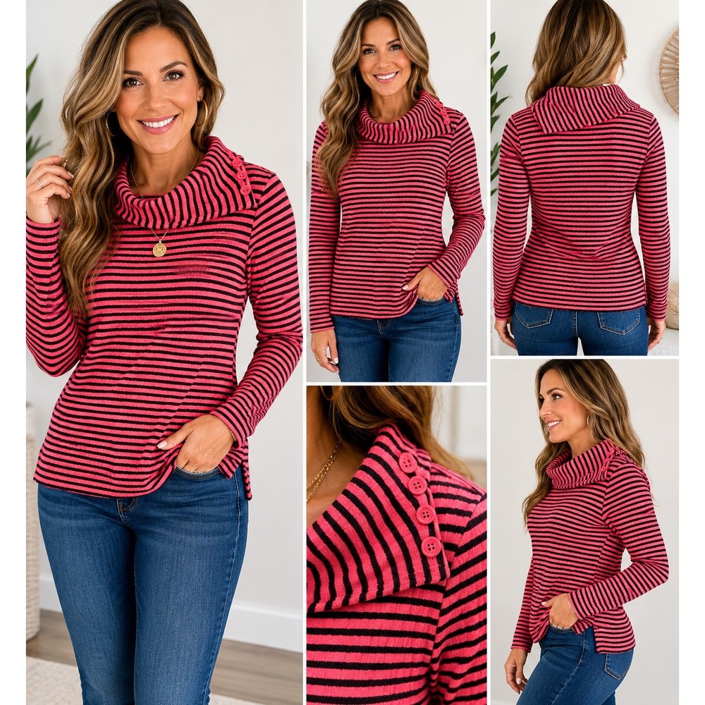 Talbots Petite Striped Cowl Neck Long Sleeve Pullover Top Pink Black SP